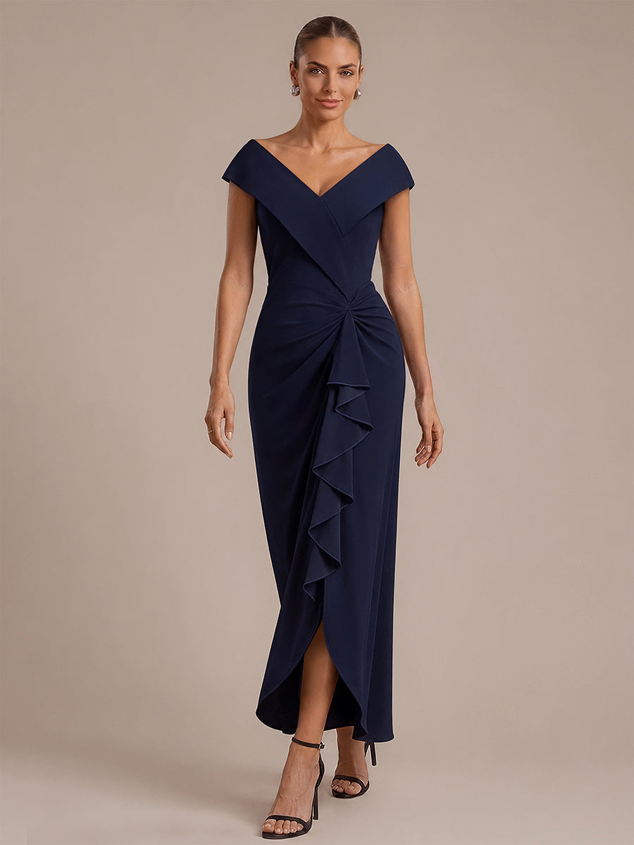 Asymmetrischer Saum V-Ausschnitt Meerjungfrau Kleid Aus Krepp Schlitz Volants #Farbe_Marineblau