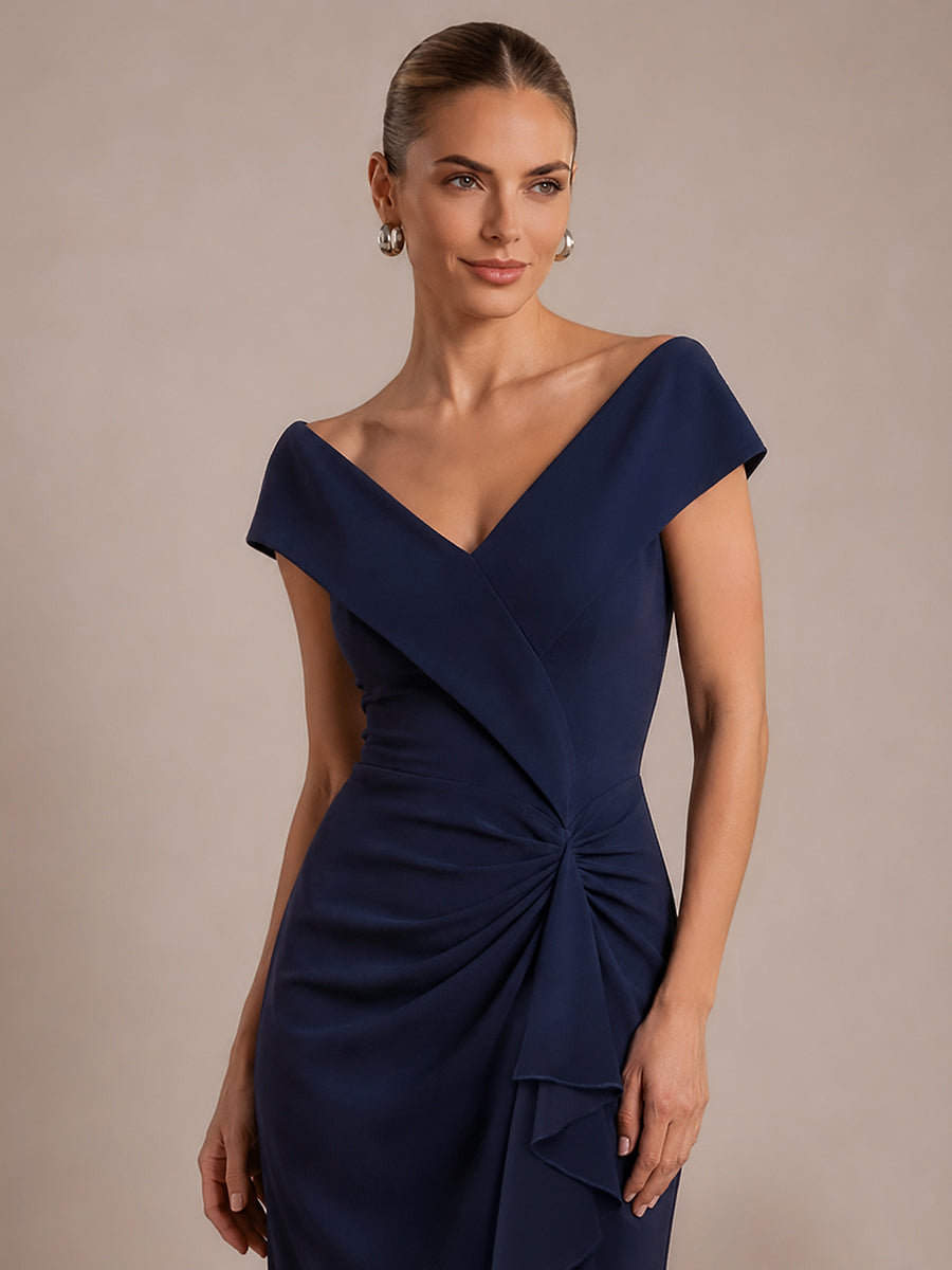 Asymmetrischer Saum V-Ausschnitt Meerjungfrau Kleid Aus Krepp Schlitz Volants #Farbe_Marineblau