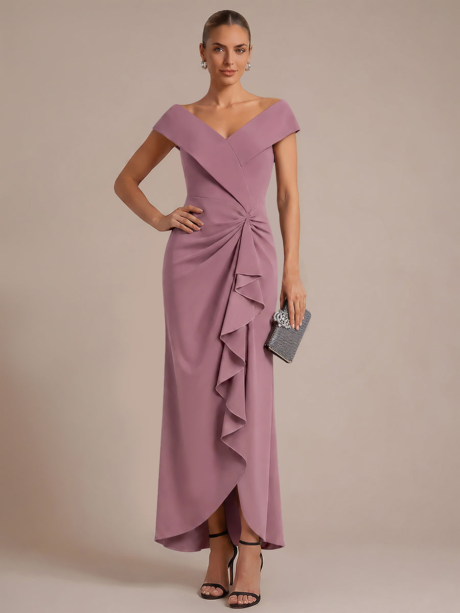 Asymmetrischer Saum V-Ausschnitt Meerjungfrau Kleid Aus Krepp Schlitz Volants #Farbe_Orchideenviolett