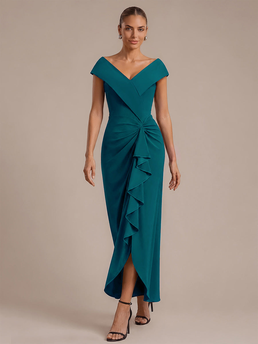 Asymmetrischer Saum V-Ausschnitt Meerjungfrau Kleid Aus Krepp Schlitz Volants #Farbe_Petrol
