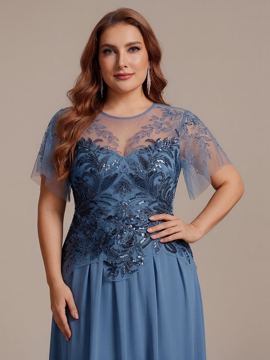 Maxikleid Mit Rundhalsausschnitt A-Linien Schnitt Tüllstoff Patchwork Und Pailletten Details Transparente Gestaltung #Farbe_Taubenblau