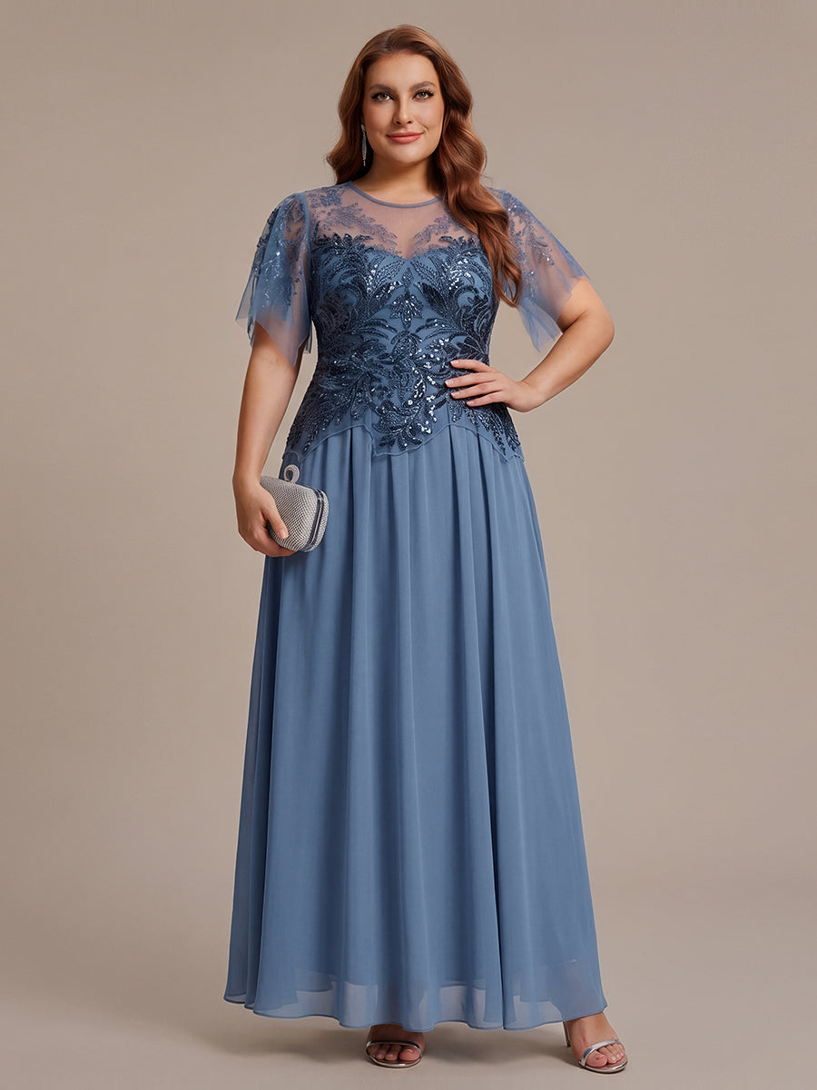 Maxikleid Mit Rundhalsausschnitt A-Linien Schnitt Tüllstoff Patchwork Und Pailletten Details Transparente Gestaltung #Farbe_Taubenblau