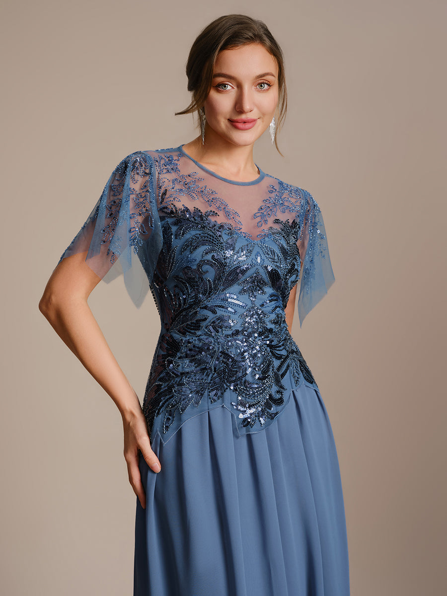 Maxikleid Mit Rundhalsausschnitt A-Linien Schnitt Tüllstoff Patchwork Und Pailletten Details Transparente Gestaltung #Farbe_Taubenblau
