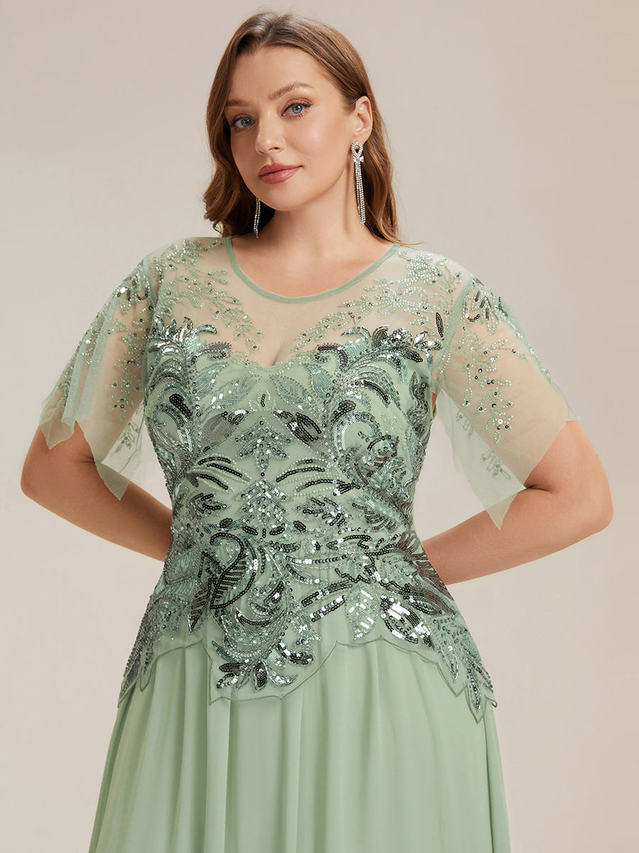 Maxikleid Mit Rundhalsausschnitt A-Linien Schnitt Tüllstoff Patchwork Und Pailletten Details Transparente Gestaltung #Farbe_Mintgrün