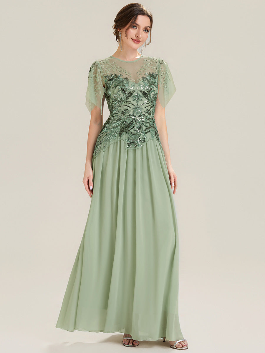 Maxikleid Mit Rundhalsausschnitt A-Linien Schnitt Tüllstoff Patchwork Und Pailletten Details Transparente Gestaltung #Farbe_Mintgrün