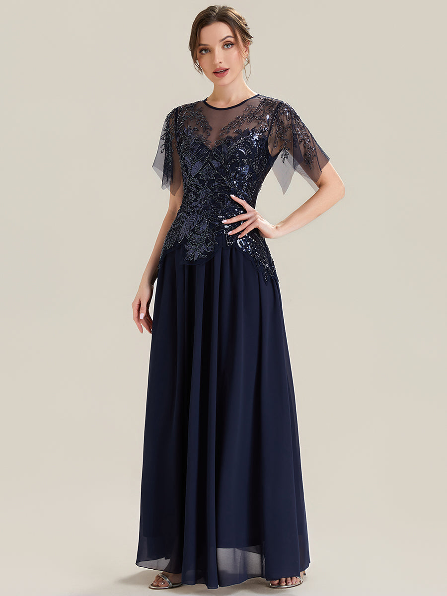 Maxikleid Mit Rundhalsausschnitt A-Linien Schnitt Tüllstoff Patchwork Und Pailletten Details Transparente Gestaltung #Farbe_Marineblau