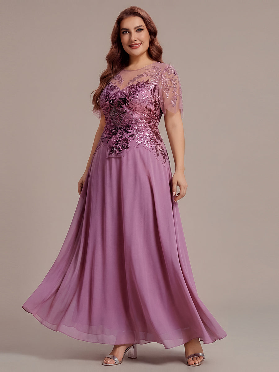 Maxikleid Mit Rundhalsausschnitt A-Linien Schnitt Tüllstoff Patchwork Und Pailletten Details Transparente Gestaltung #Farbe_Orchideenviolett
