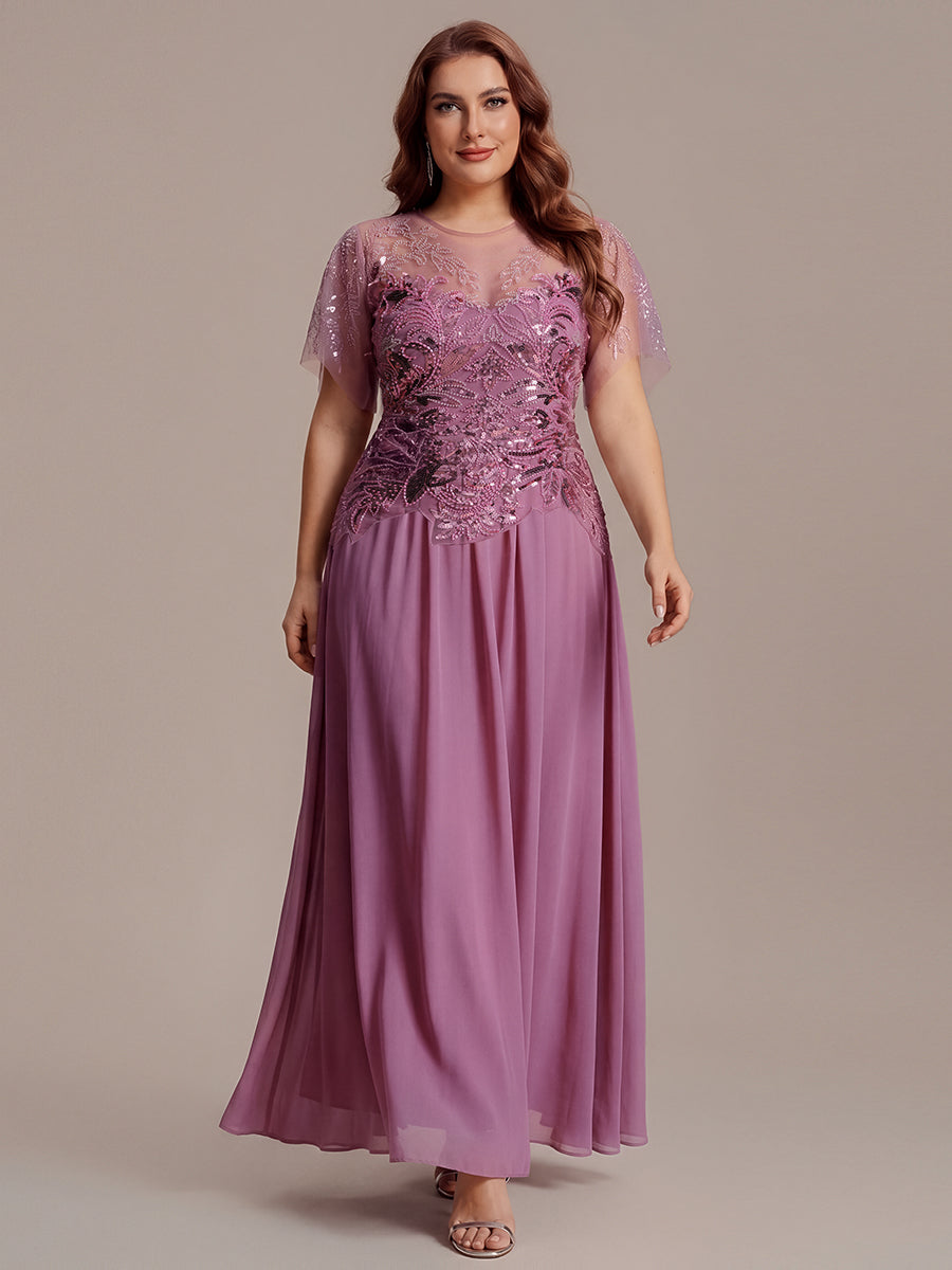 Maxikleid Mit Rundhalsausschnitt A-Linien Schnitt Tüllstoff Patchwork Und Pailletten Details Transparente Gestaltung #Farbe_Orchideenviolett