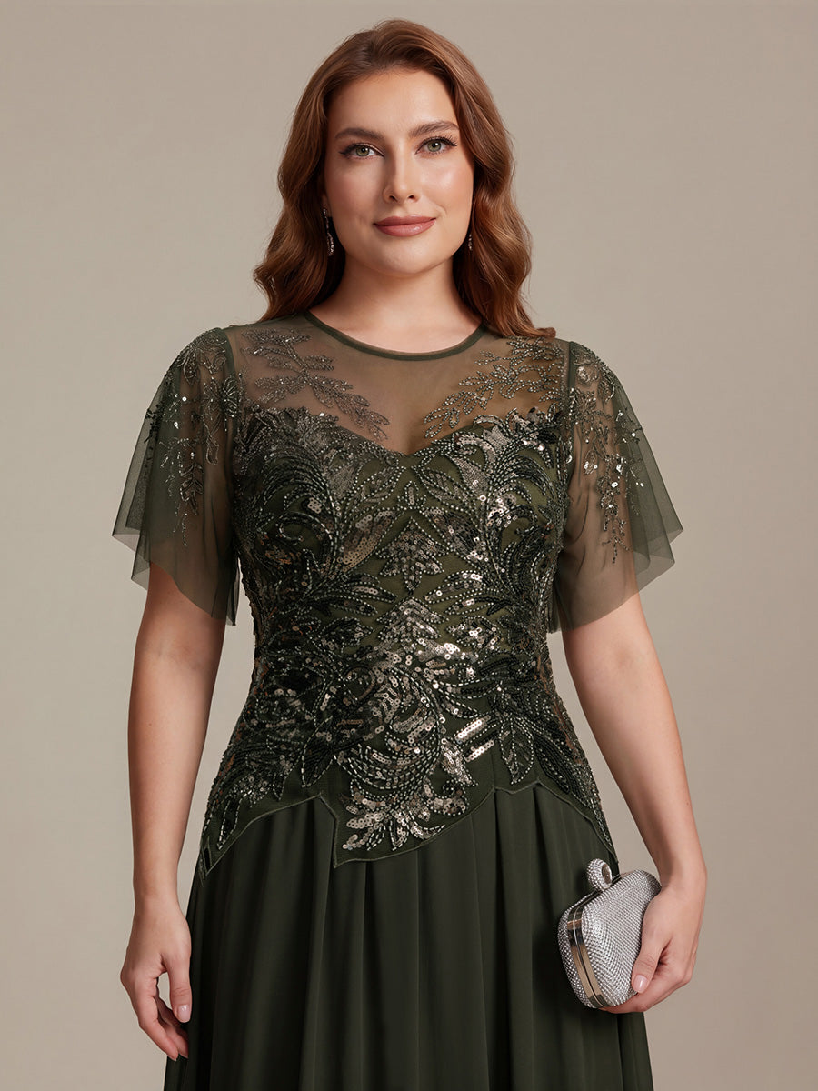 Maxikleid Mit Rundhalsausschnitt A-Linien Schnitt Tüllstoff Patchwork Und Pailletten Details Transparente Gestaltung #Farbe_Olivgrün