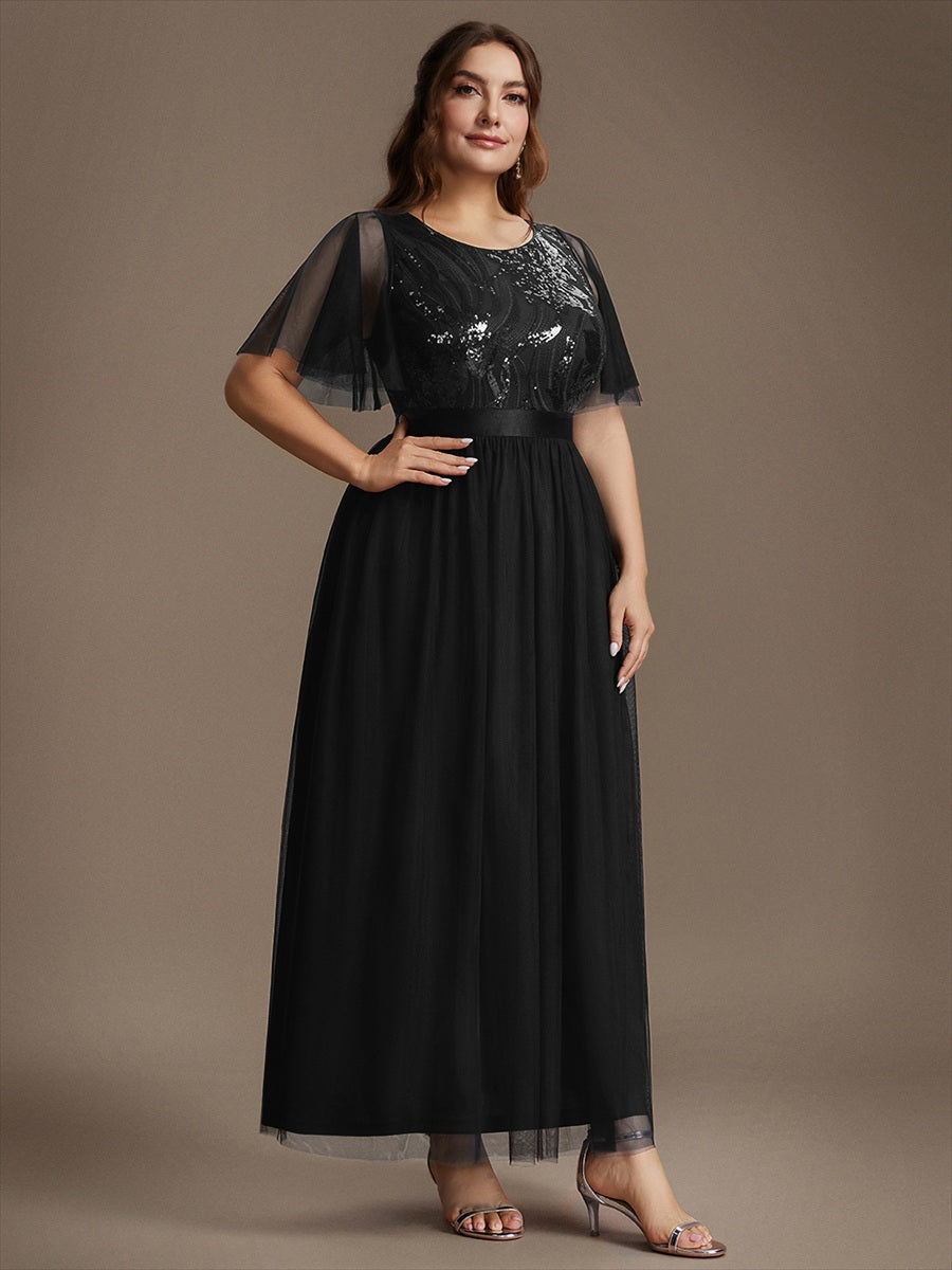 Maxilänge A-Linien Kleid Runder Ausschnitt Tüll Pailletten Glamouröser Look #Farbe_Schwarz