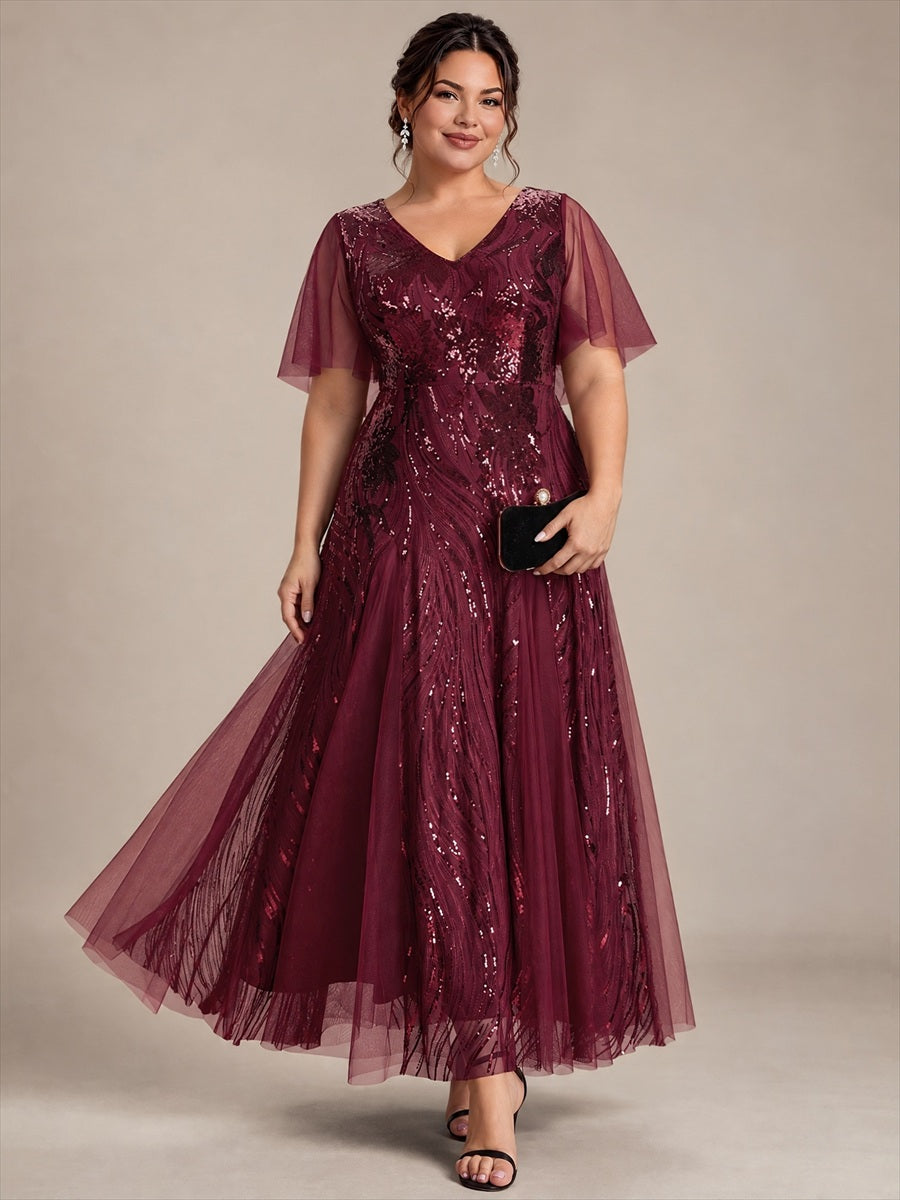 Maxilänge V-Ausschnitt A-Linien Kleid Aus Pailletten Für Glamourösen Look #Farbe_Burgunderrot