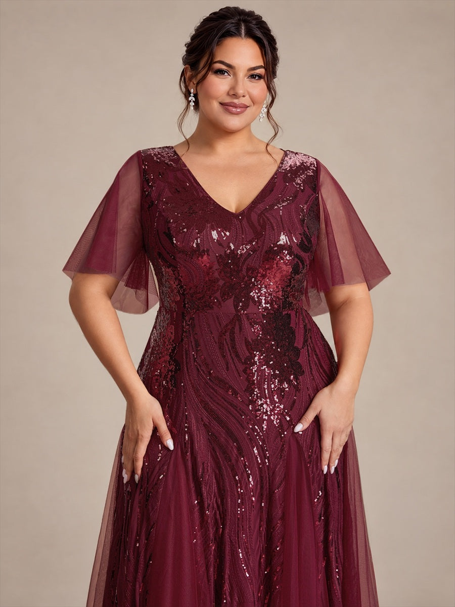 Maxilänge V-Ausschnitt A-Linien Kleid Aus Pailletten Für Glamourösen Look #Farbe_Burgunderrot
