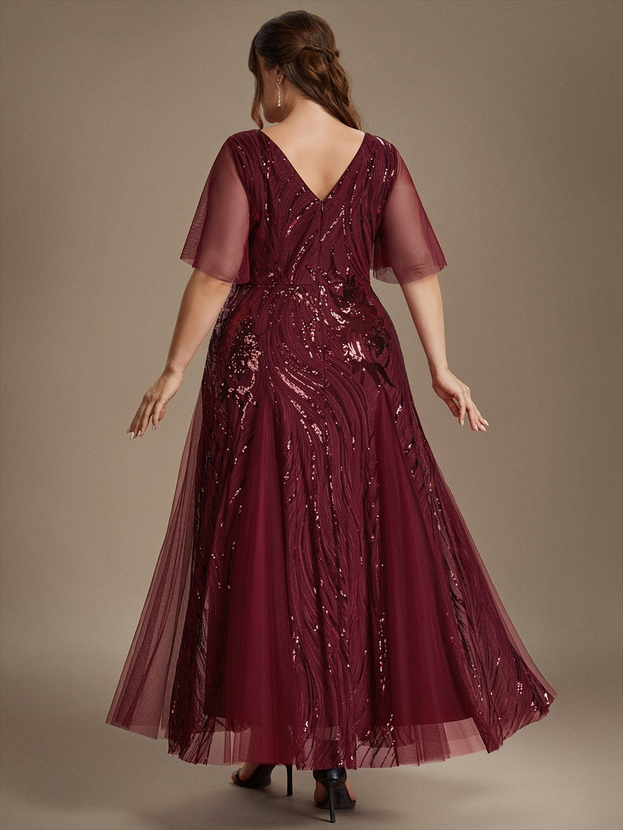 Maxilänge V-Ausschnitt A-Linien Kleid Aus Pailletten Für Glamourösen Look #Farbe_Burgunderrot