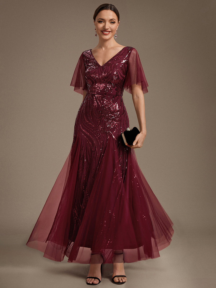 Maxilänge V-Ausschnitt A-Linien Kleid Aus Pailletten Für Glamourösen Look #Farbe_Burgunderrot