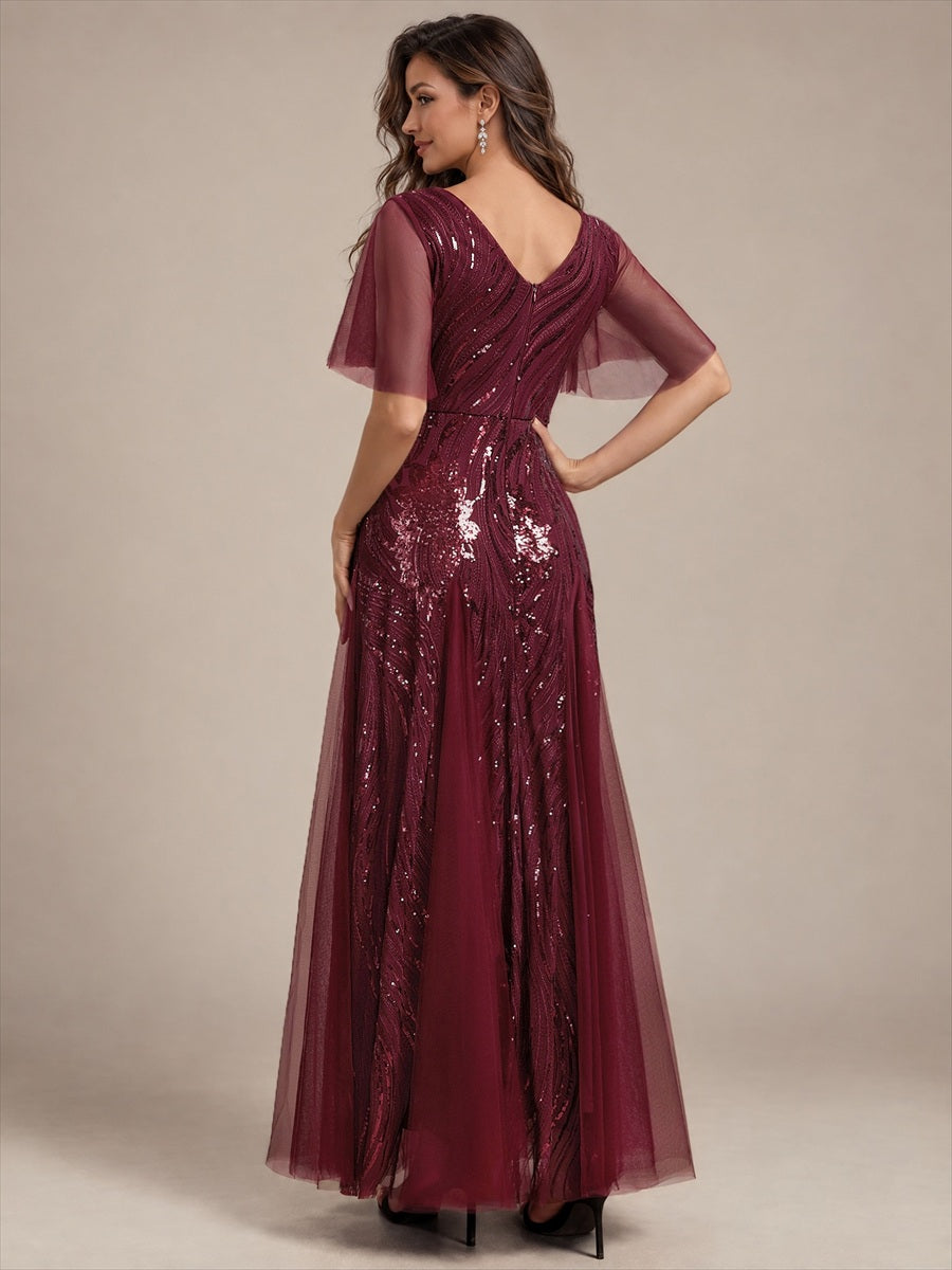 Maxilänge V-Ausschnitt A-Linien Kleid Aus Pailletten Für Glamourösen Look #Farbe_Burgunderrot