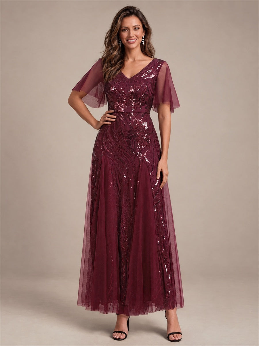 Maxilänge V-Ausschnitt A-Linien Kleid Aus Pailletten Für Glamourösen Look #Farbe_Burgunderrot