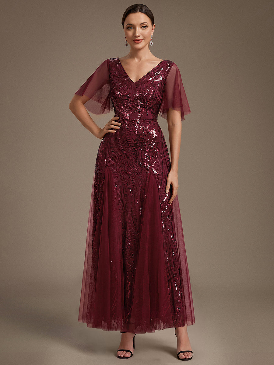 Maxilänge V-Ausschnitt A-Linien Kleid Aus Pailletten Für Glamourösen Look #Farbe_Burgunderrot