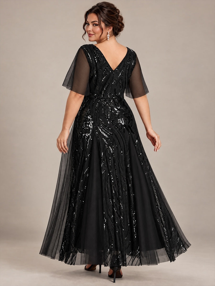 Maxilänge V-Ausschnitt A-Linien Kleid Aus Pailletten Für Glamourösen Look #Farbe_Schwarz