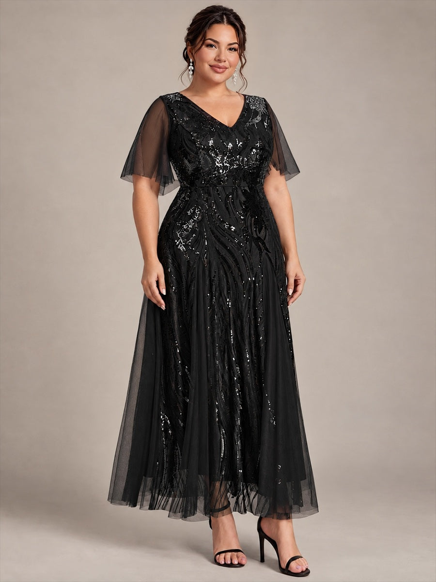 Maxilänge V-Ausschnitt A-Linien Kleid Aus Pailletten Für Glamourösen Look #Farbe_Schwarz