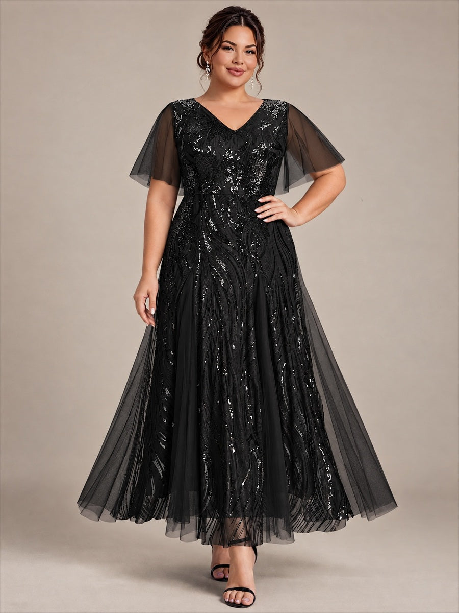 Maxilänge V-Ausschnitt A-Linien Kleid Aus Pailletten Für Glamourösen Look #Farbe_Schwarz