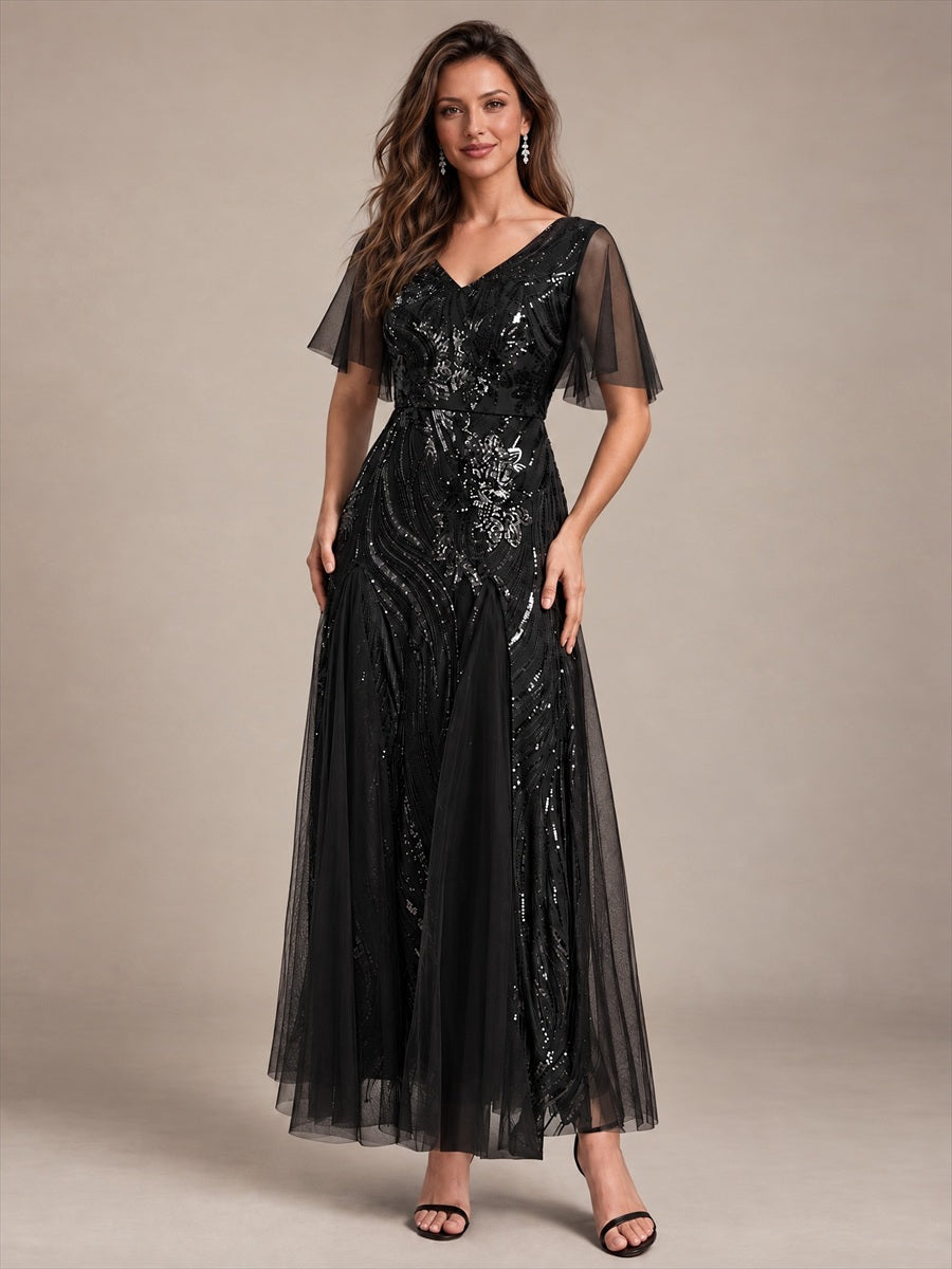 Maxilänge V-Ausschnitt A-Linien Kleid Aus Pailletten Für Glamourösen Look #Farbe_Schwarz