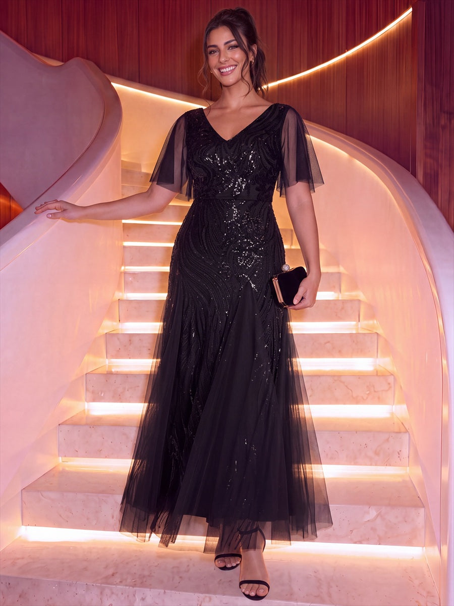 Maxilänge V-Ausschnitt A-Linien Kleid Aus Pailletten Für Glamourösen Look #Farbe_Schwarz