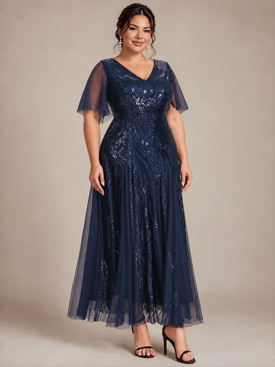 Maxilänge V-Ausschnitt A-Linien Kleid Aus Pailletten Für Glamourösen Look #Farbe_Marineblau