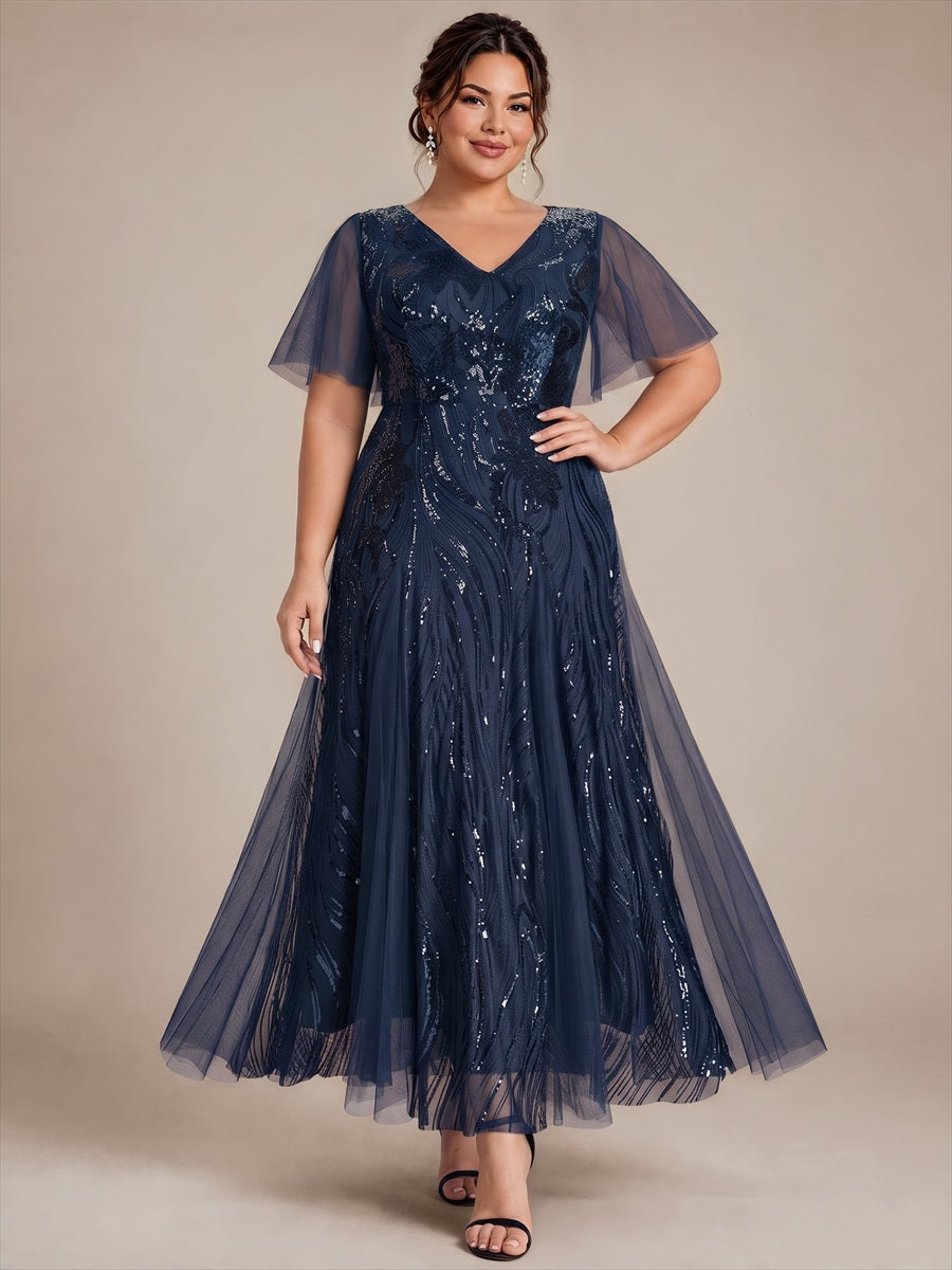 Maxilänge V-Ausschnitt A-Linien Kleid Aus Pailletten Für Glamourösen Look #Farbe_Marineblau