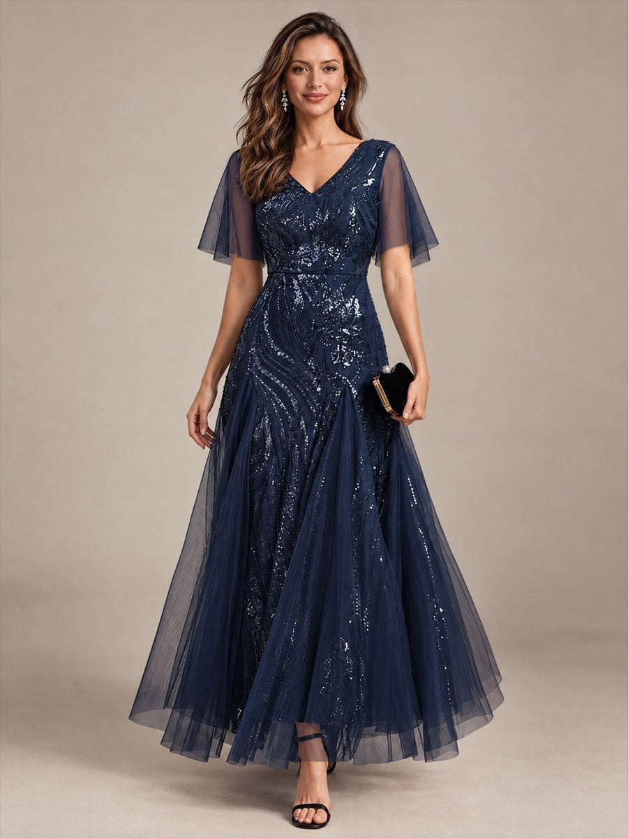 Maxilänge V-Ausschnitt A-Linien Kleid Aus Pailletten Für Glamourösen Look #Farbe_Marineblau