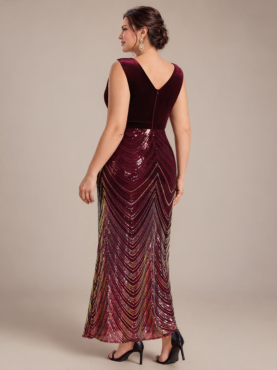 Maxilänge Meerjungfrau Kleid V Ausschnitt Pailletten Glamourös Elegant #Farbe_Burgunderrot