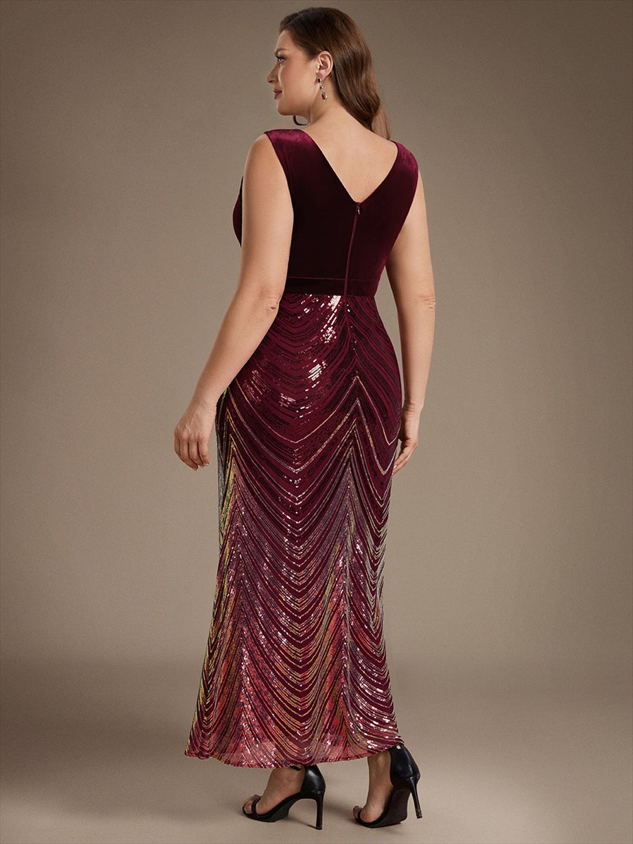 Maxilänge Meerjungfrau Kleid V Ausschnitt Pailletten Glamourös Elegant #Farbe_Burgunderrot