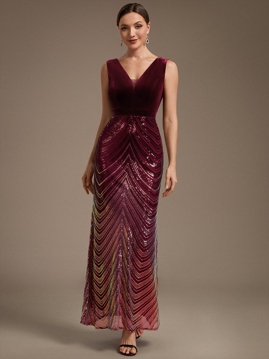 Maxilänge Meerjungfrau Kleid V Ausschnitt Pailletten Glamourös Elegant #Farbe_Burgunderrot
