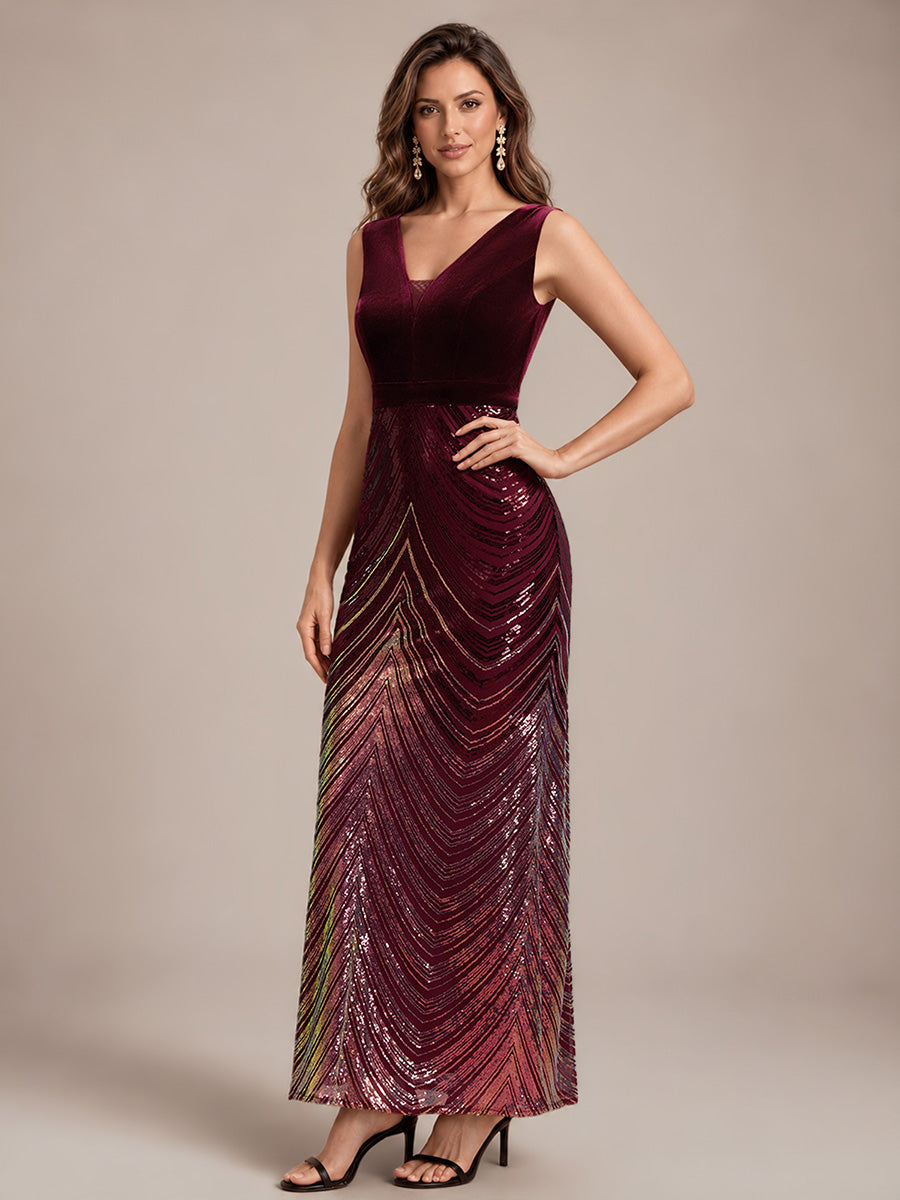 Maxilänge Meerjungfrau Kleid V Ausschnitt Pailletten Glamourös Elegant #Farbe_Burgunderrot