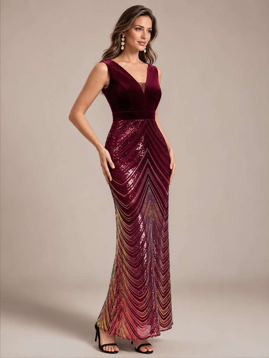 Maxilänge Meerjungfrau Kleid V Ausschnitt Pailletten Glamourös Elegant #Farbe_Burgunderrot