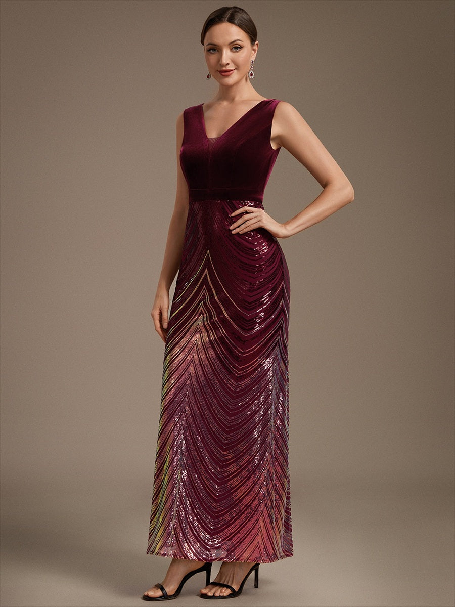 Maxilänge Meerjungfrau Kleid V Ausschnitt Pailletten Glamourös Elegant #Farbe_Burgunderrot