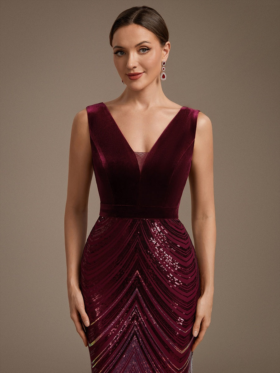 Maxilänge Meerjungfrau Kleid V Ausschnitt Pailletten Glamourös Elegant #Farbe_Burgunderrot