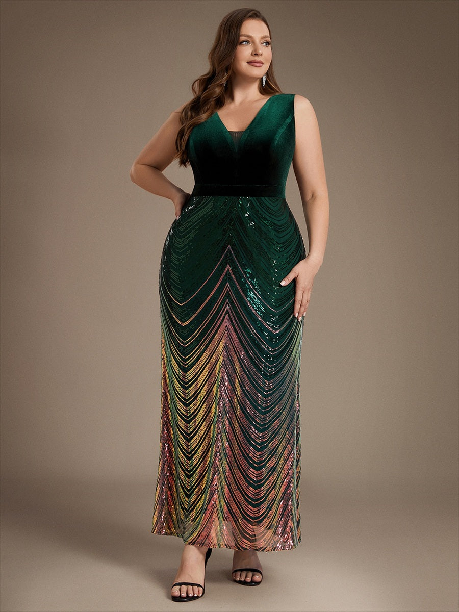 Maxilänge Meerjungfrau Kleid V Ausschnitt Pailletten Glamourös Elegant #Farbe_Dunkelgrün