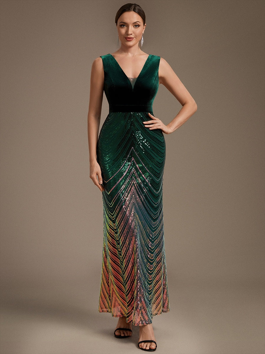 Maxilänge Meerjungfrau Kleid V Ausschnitt Pailletten Glamourös Elegant #Farbe_Dunkelgrün