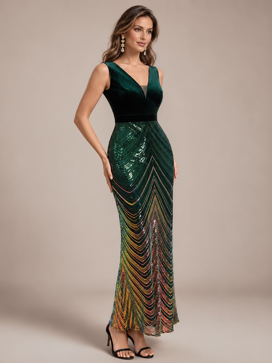 Maxilänge Meerjungfrau Kleid V Ausschnitt Pailletten Glamourös Elegant #Farbe_Dunkelgrün