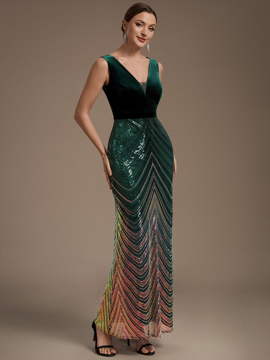 Maxilänge Meerjungfrau Kleid V Ausschnitt Pailletten Glamourös Elegant #Farbe_Dunkelgrün