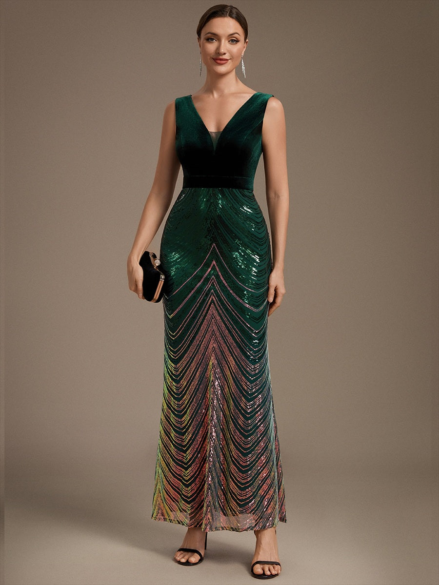 Maxilänge Meerjungfrau Kleid V Ausschnitt Pailletten Glamourös Elegant #Farbe_Dunkelgrün