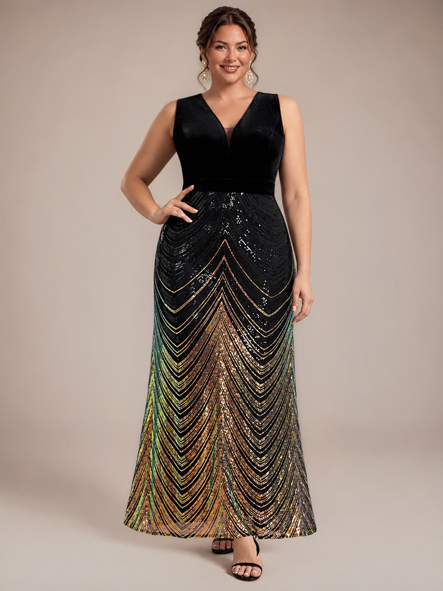 Maxilänge Meerjungfrau Kleid V Ausschnitt Pailletten Glamourös Elegant #Farbe_Schwarz
