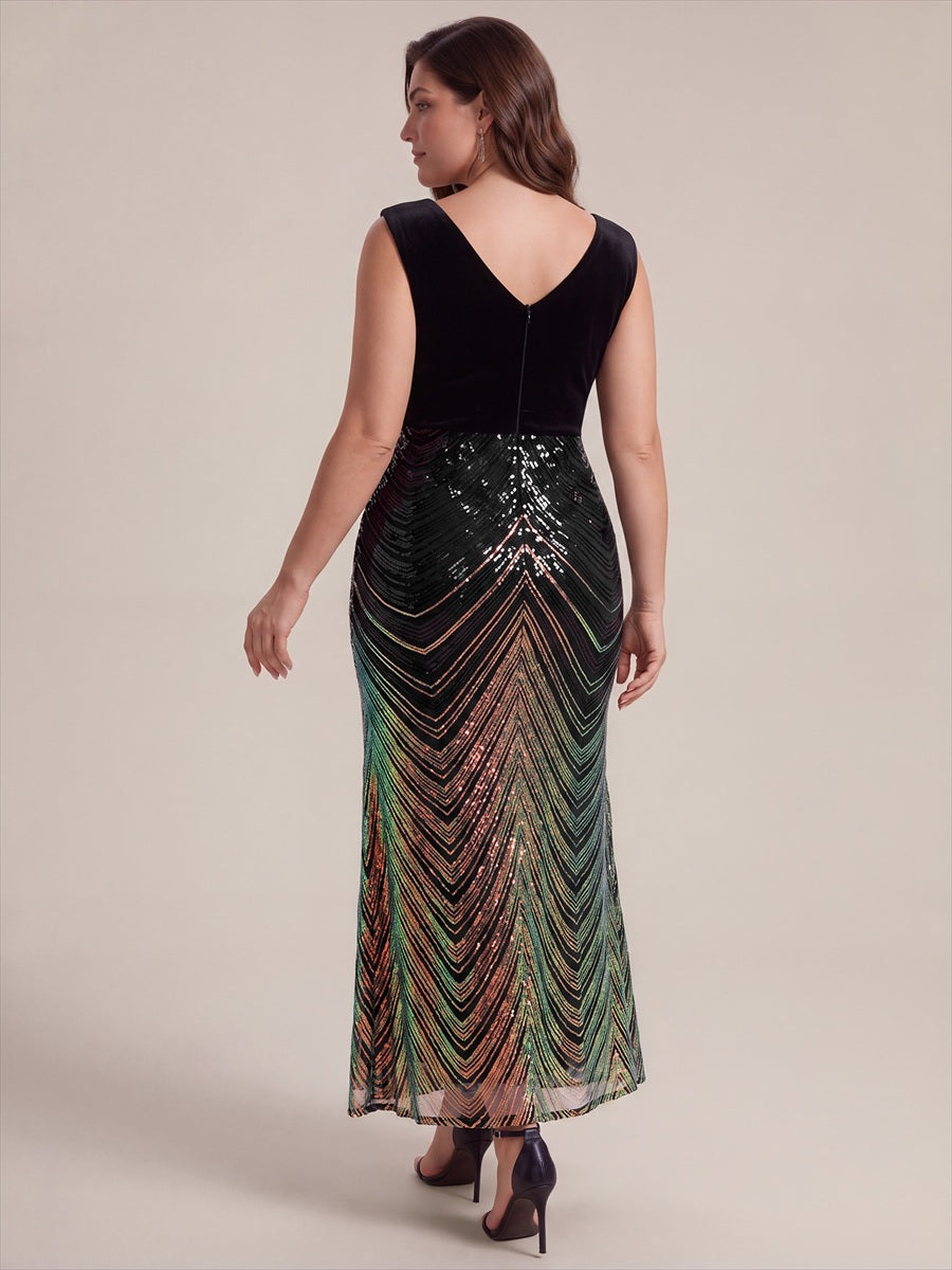 Maxilänge Meerjungfrau Kleid V Ausschnitt Pailletten Glamourös Elegant #Farbe_Schwarz