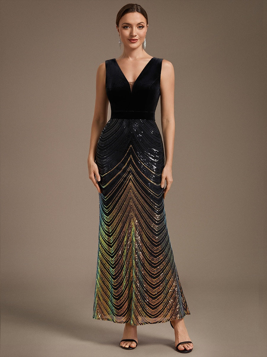Maxilänge Meerjungfrau Kleid V Ausschnitt Pailletten Glamourös Elegant #Farbe_Schwarz