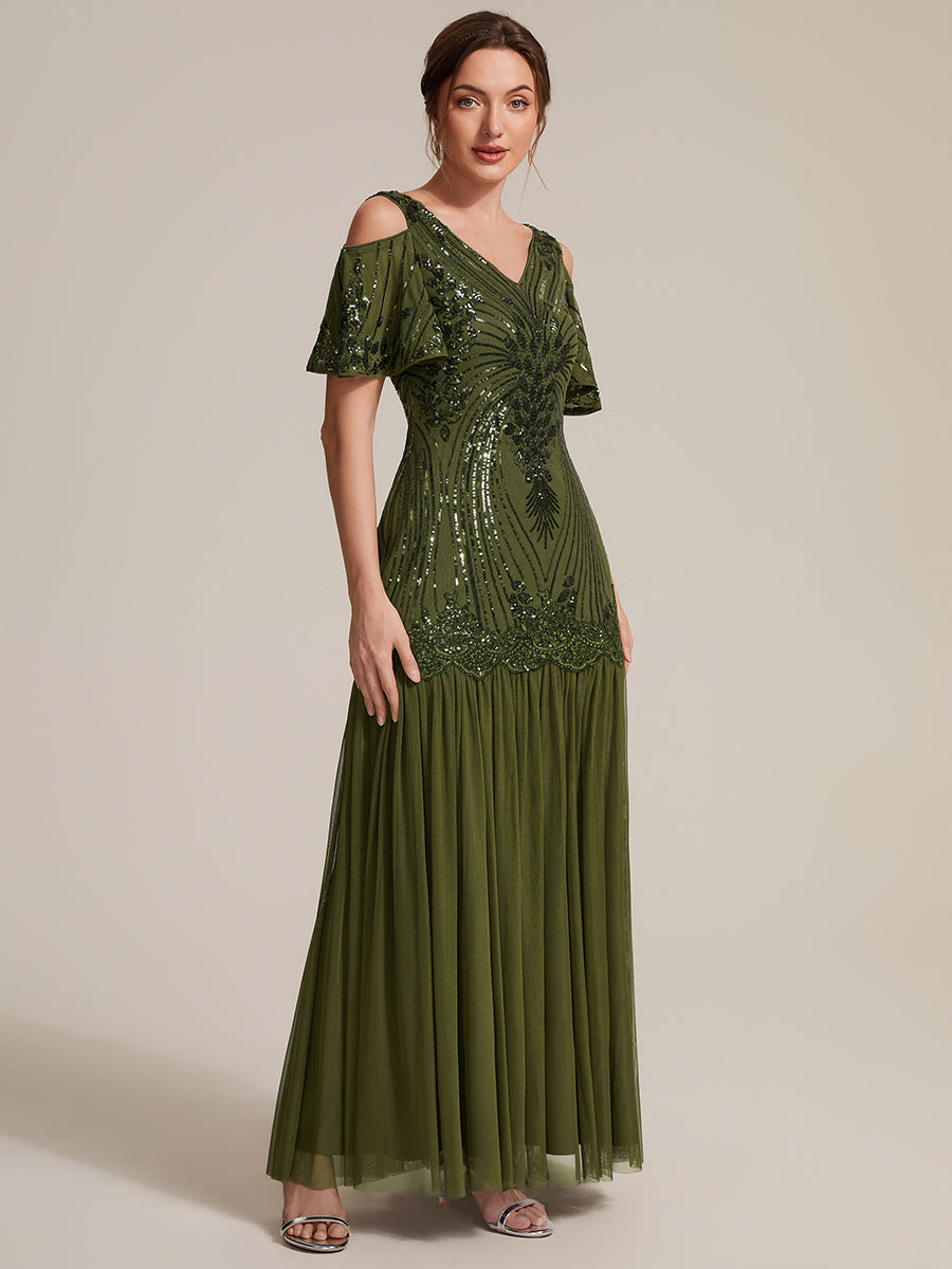 Pailletten V-Ausschnitt Etui-Schnitt Volantärmel Reißverschluss hinten abendkleid #Farbe_Olivgrün