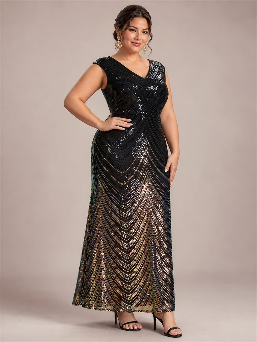 Pailletten V-Ausschnitt Meerjungfrau Reißverschluss hinten Kleid #Farbe_Schwarz & Gold