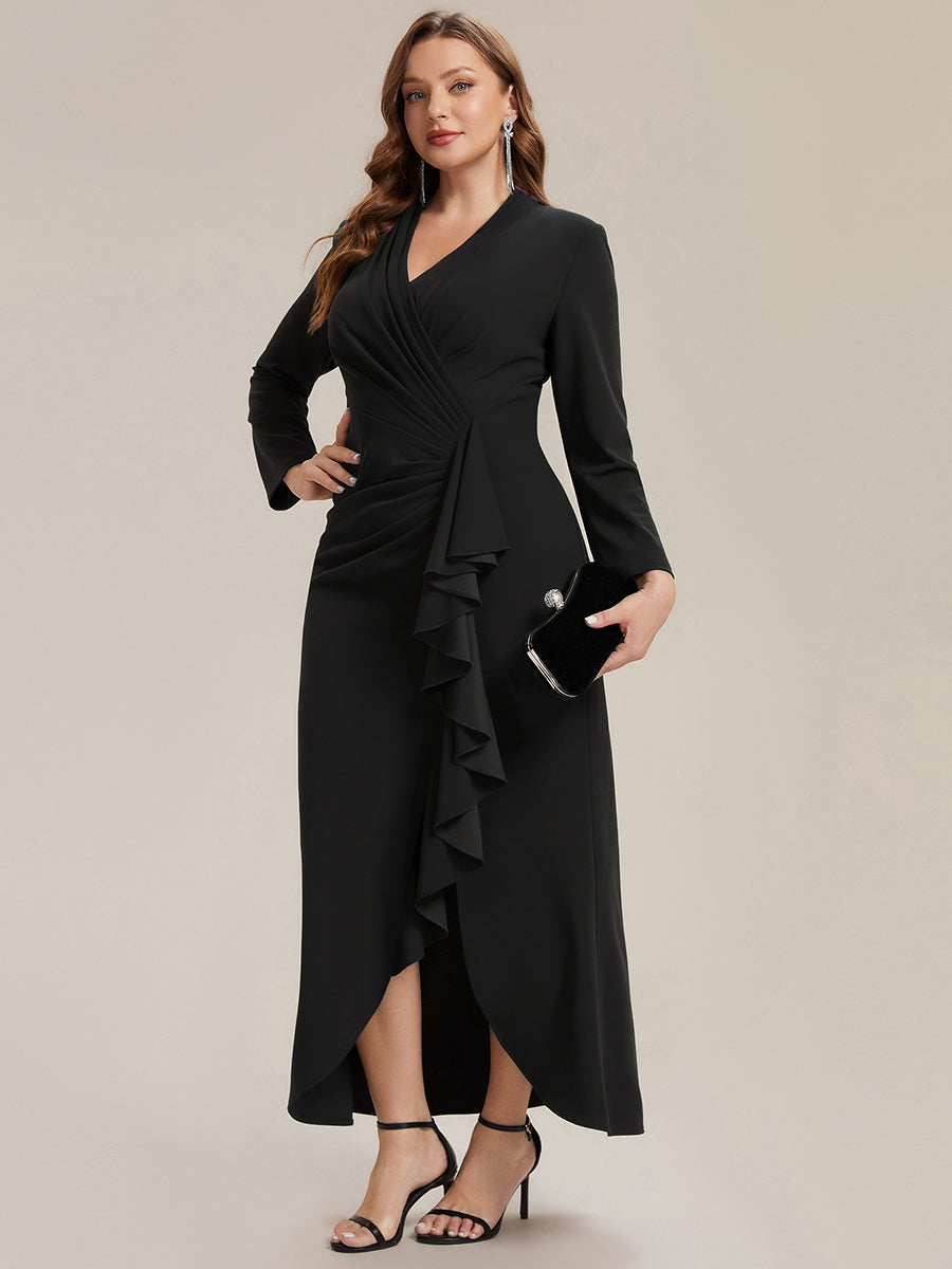 Asymmetrischer Saum V Neck Figurbetontes Kleid Aus Krepp Schlitz Volants #Farbe_Schwarz
