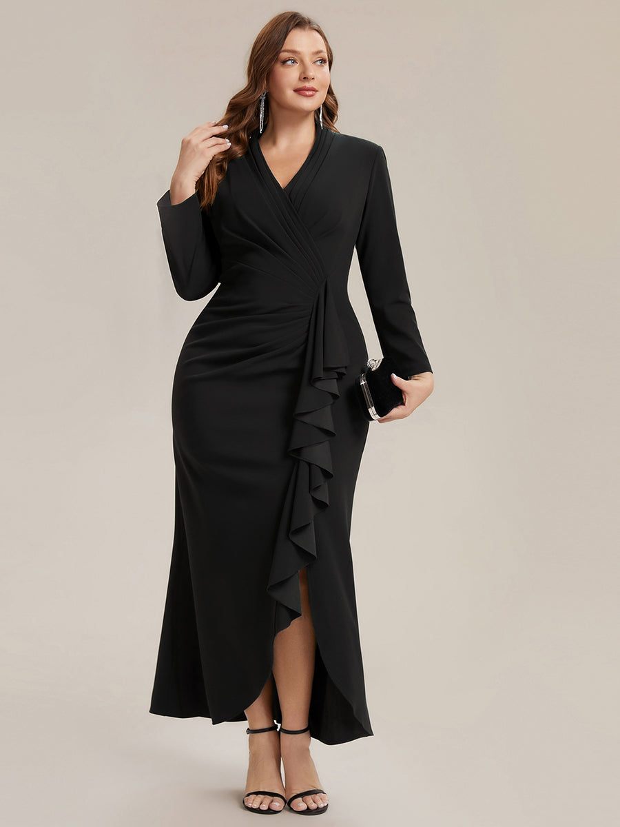 Asymmetrischer Saum V Neck Figurbetontes Kleid Aus Krepp Schlitz Volants #Farbe_Schwarz