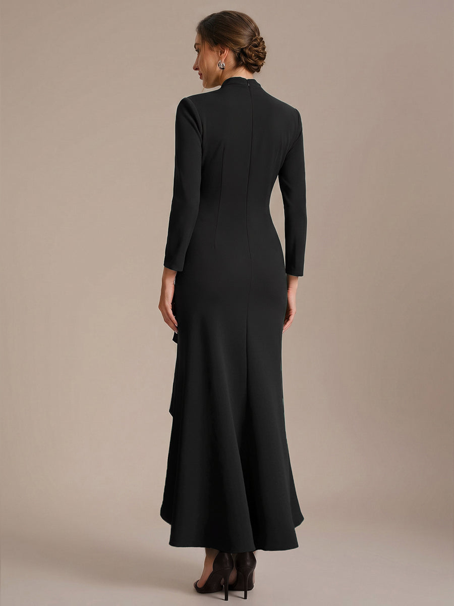 Asymmetrischer Saum V Neck Figurbetontes Kleid Aus Krepp Schlitz Volants #Farbe_Schwarz