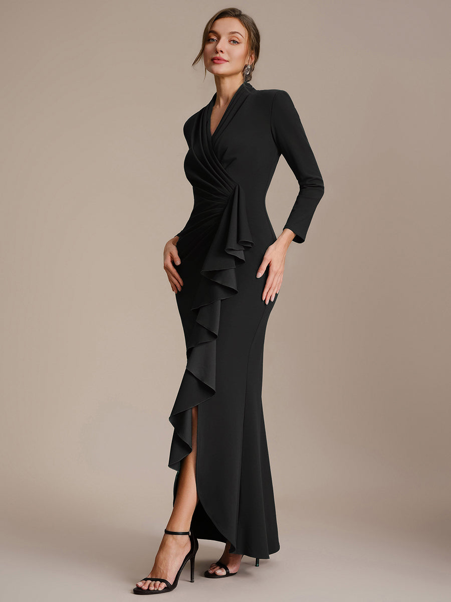 Asymmetrischer Saum V Neck Figurbetontes Kleid Aus Krepp Schlitz Volants #Farbe_Schwarz